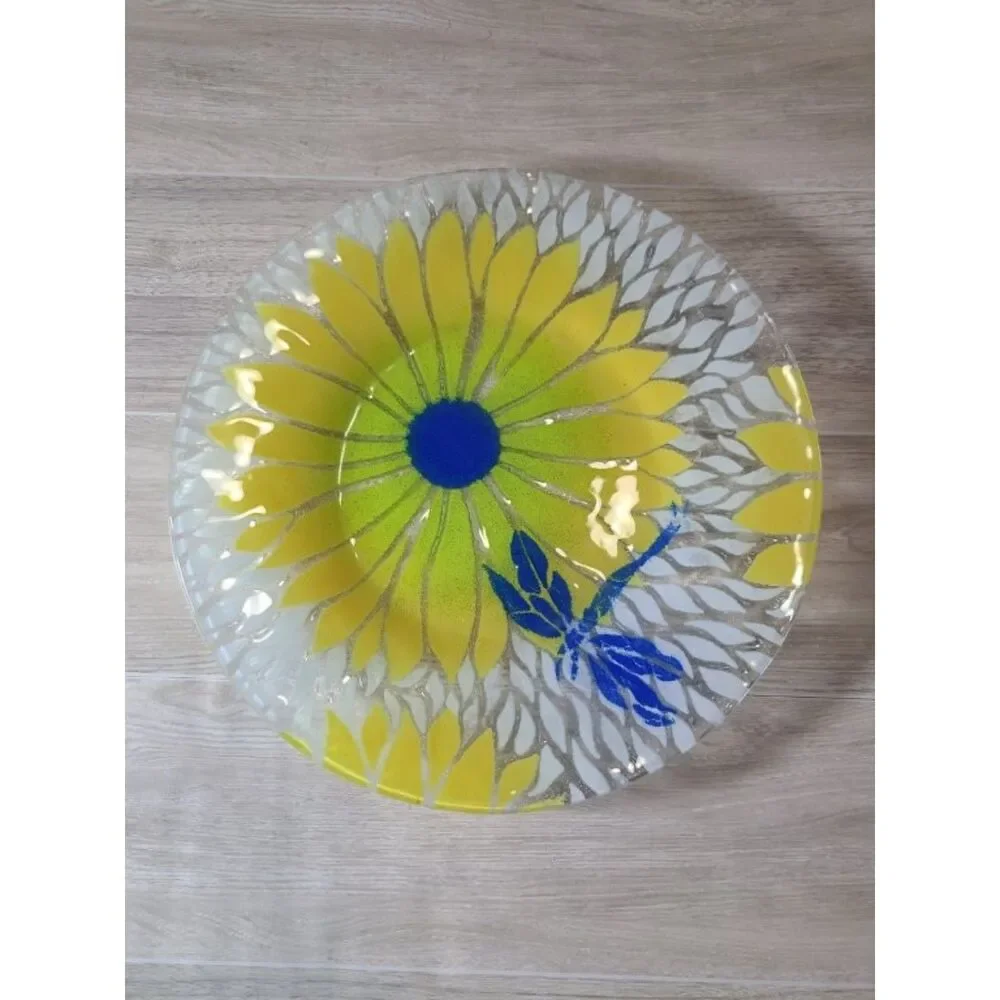Hand Painted Glass Plate Yellow Flower Dragonfly Stained Glass Style Signed 8.5